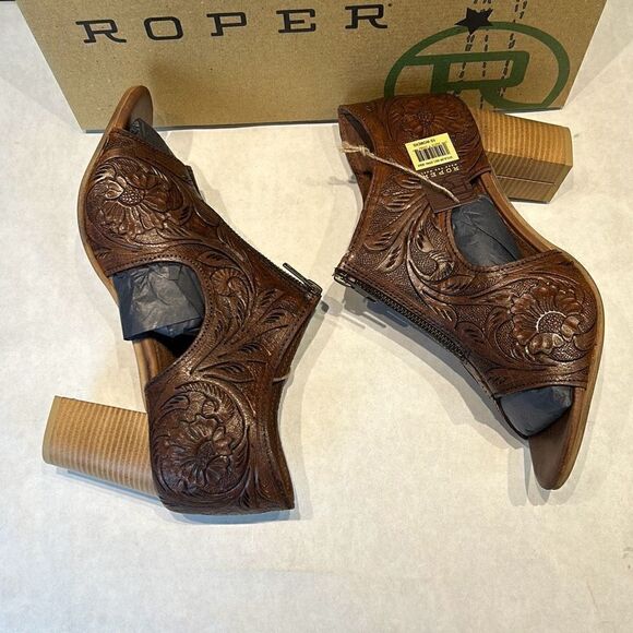 NEW Roper Mika Front Zip Sandals Sz 10 Brown Tooled Leather 3" Heel Open Toe - Picture 5 of 9